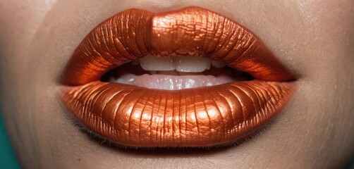  a close up shot of a woman's lips with a bright orange lipstick shade on top of her lip and bottom of her lip, with a green background. - obrazy, fototapety, plakaty