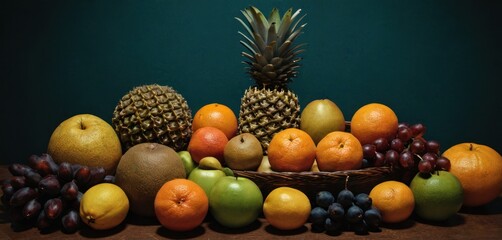  a pineapple, oranges, grapes, apples, pears, and a pineapple sit in a basket next to a pile of fruit on a table.