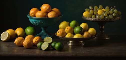  a bowl of lemons, limes, and grapefruits sit on a table next to a bowl of grapefruits and a bowl of grapes.