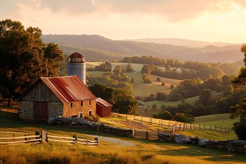 Warm sunset over a peaceful countryside farm with a classic barn and rolling hills.