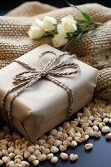 Gift box wrapped in recycled rough paper