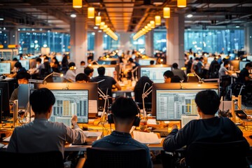 A busy office environment with professionals working on computers, highlighting the hustle of corporate life.