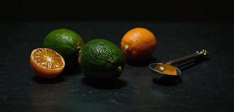  limes, oranges, and a measuring spoon sitting on a black surface next to each other with a spoon in front of one of them and an orange on the other.