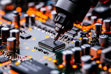 Close-up of a robotic arm soldering a microchip on a circuit board, highlighting precision in modern electronics manufacturing.