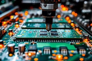 High precision machinery soldering components on an electronic circuit board in an industrial automation process.