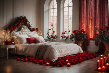 red rose and candle on the bed