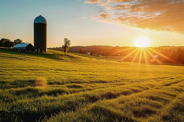 Golden sunset over a peaceful countryside farm with a silo, highlighting the tranquil beauty of rural life. - obrazy, fototapety, plakaty