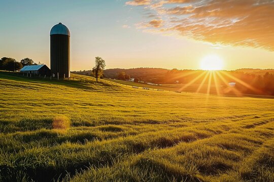 Golden sunset over a peaceful countryside farm with a silo, highlighting the tranquil beauty of rural life.