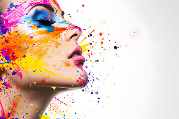 High fashion woman head in paint splatter style. White background, copy space, mental health event.