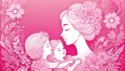A bright and elegant pink floral background for mothers day celebration with mother and daughter illustration