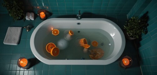  a bathtub filled with lots of oranges on top of a green tiled floor next to candles and a potted plant in the middle of the bathtub.