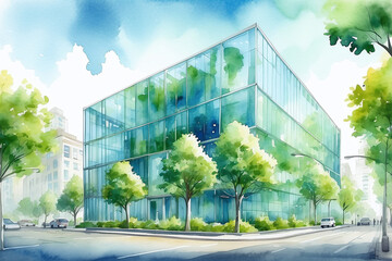green eco building concept in the city watercolor 