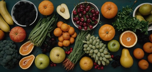  a table topped with lots of different types of fruits and vegetables next to bowls of grapes, apples, oranges, pears, grapes, and other fruits. - obrazy, fototapety, plakaty