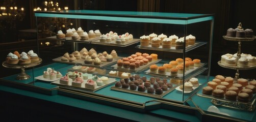  a glass display case filled with lots of different types of cupcakes on top of a blue counter top next to a glass shelf filled with different types of cupcakes.