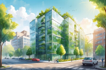 green eco building concept in the city watercolor  - obrazy, fototapety, plakaty