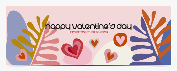 Fototapeta na wymiar Vibrant Valentine's Day banner, cover, poster, greeting card, label, flyer with hearts and abstract shapes in pink, purple, orange and green colors