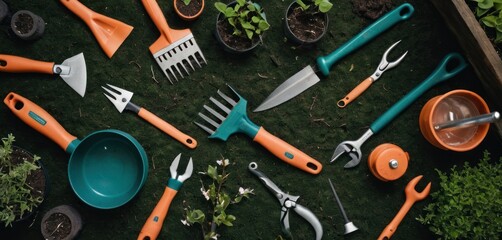  a collection of gardening tools sitting on top of a grass covered ground next to potted plants and gardening utensils on top of a green grass covered ground. - obrazy, fototapety, plakaty