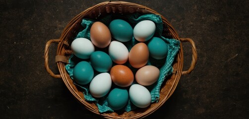  a basket filled with different colored eggs on top of a table next to a cup of teal green teal and brown eggs on top of a blue cloth.