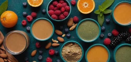 Obraz na płótnie Canvas a variety of fruits, nuts, and smoothies are arranged in small blue bowls on a teal surface with oranges, raspberries, raspberries, almonds, almonds, and almonds.