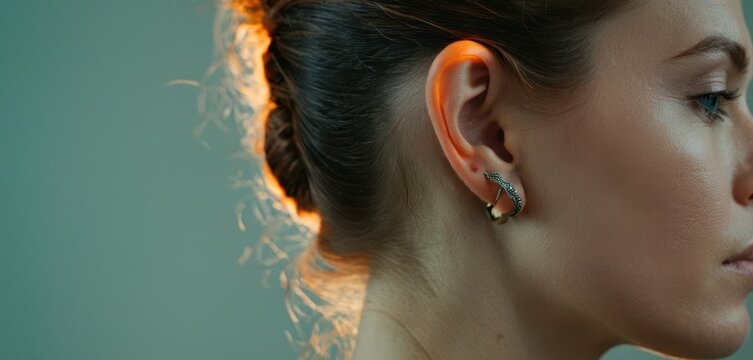  a close up of a woman with a pair of ear piercings on her left side of her ear and her right ear in the middle of her left ear.