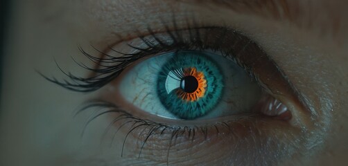  a close up of a person's eye with a blue and orange eyeball in the center of the iris of the eye and the iris of the eye.