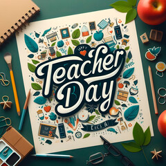 Teacher day text written on paper on table, ai generated