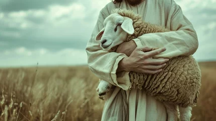 Fotobehang Jesus with a white sheep in his arms carrying it in a daytime meadow in high resolution HD © Marco