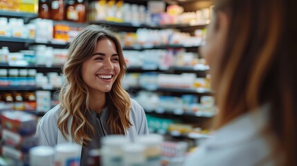 Happy woman chooses medicine with help of young pharmacist in drugstore, generative ai