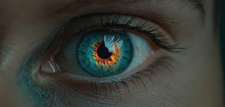  a close up of a person's eye with an orange and blue eyeball in the center of the iris of the eye and the iris of the eye.