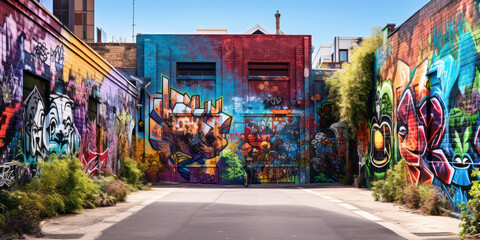 Colorful Urban Street Art: Vibrant Melange of Cultures, Architectural Beauty, and Graffiti in Buenos Aires Alleyway - obrazy, fototapety, plakaty