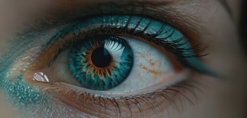  a close up of a person's eye with a blue and orange irise in the center of the iris of the eye and the iris of the eye.