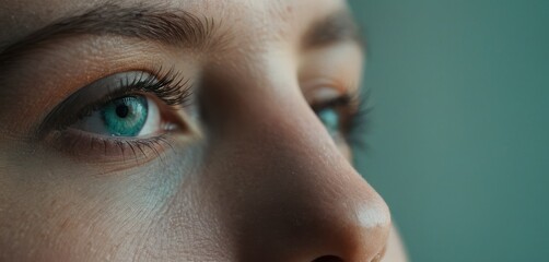  a close up of a woman's face with a blue eyeshade and a nose ring on her left side of her left eye and right side of the woman's face. - obrazy, fototapety, plakaty