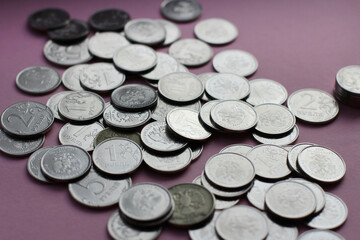 a lot of coins, russian ruble, counting money, economy concept, allocation of money, wealth