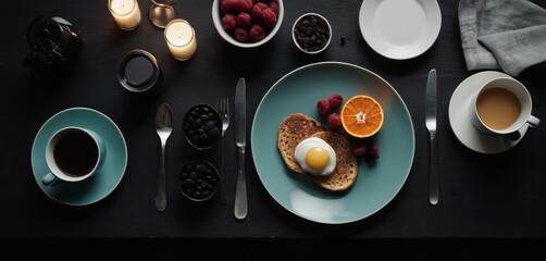  a breakfast of toast, eggs, fruit, and coffee on a table with candles and candlesticks on the side of the plate and on the side of the plate.
