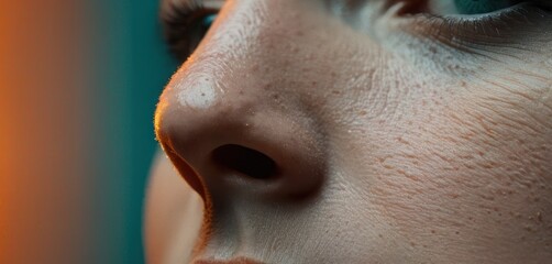  a close - up of a woman's nose with freckles on her nose and a blurry image of the nose of a person in the background.