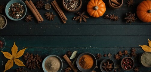  a table topped with bowls filled with different types of spices next to pumpkins, cinnamon sticks, and star anise on top of a dark green wooden table. - obrazy, fototapety, plakaty