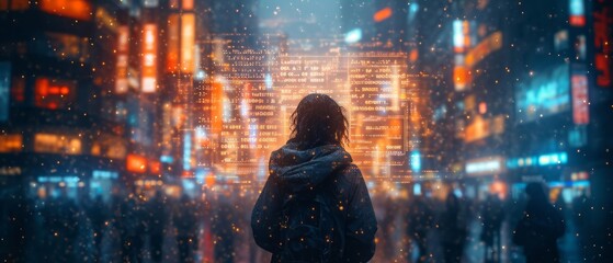 People in the city interact with digital screens in an overlay view. People looking at holographic digital display future technology and living in a big city ,generative ai - obrazy, fototapety, plakaty