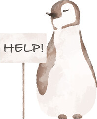 Penguin with  a help sign. Global warming concept. Climate change concept illustration. Environment conservation art - 715776380