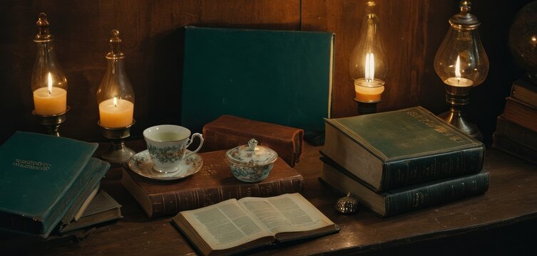  a table topped with books and candles next to a tea pot and a tea pot on top of a table next to a book with a candle on top of it.