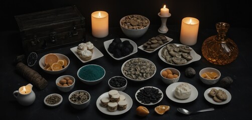  a table topped with bowls of food next to candles and a box of cookies on top of a table next to a box of cookies on top of a table.