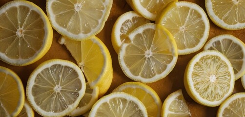  a pile of sliced lemons sitting on top of a table next to a pile of cut lemons on top of a table next to a pile of sliced lemons.