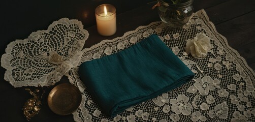  a table topped with a lace doily next to a candle and a vase filled with flowers and a teal cloth on top of doily next to a candle. - obrazy, fototapety, plakaty