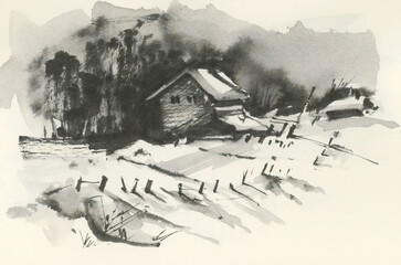  Winter landscape with a small village. Ink drawing.