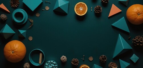  a group of oranges sitting on top of a table next to cones, cones and pinecones on top of a green surface with oranges and cones. - obrazy, fototapety, plakaty