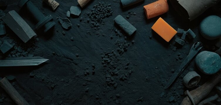  a pile of different types of tools on top of a black surface with one orange and one blue piece of wood in the middle of the top of the picture.