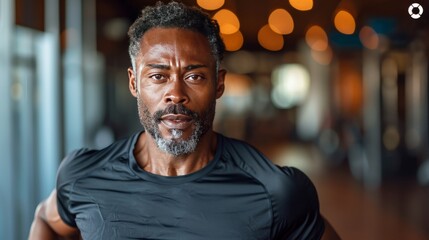 Fototapeta premium Portrait of a middle-aged black man while running inside a gym generative ai