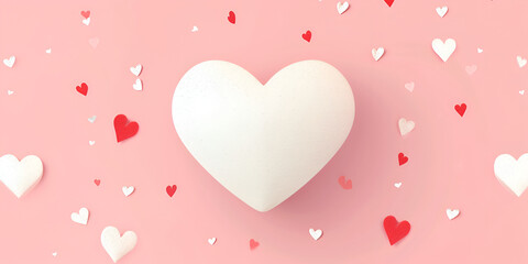 Valentine's Day, big white heart in the center of the composition, pale pink background with small white and red hearts, banner, copy space