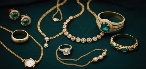  a collection of jewelry including rings, bracelets, rings, and bracelet bracelets are on a green surface with a gold chain and a diamond ring is in the middle of the foreground.