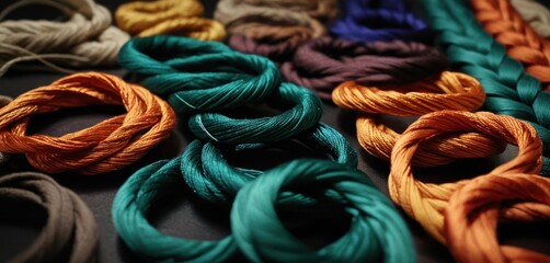  a close up of a bunch of different colors of yarn on a table with yarn skeins in the middle of each skeing of the skeins.