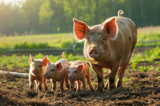Sow with piglets in farm Generative AI
